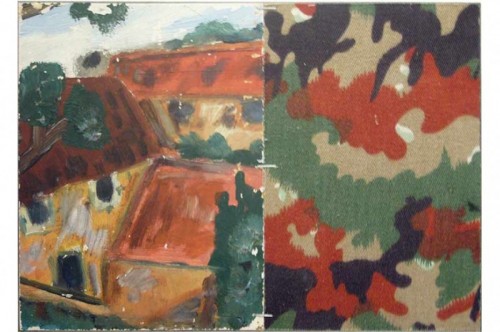“Duo Larinov”, Réemploi et tissu de camouflage, 21,5 x 30 cm, 1999